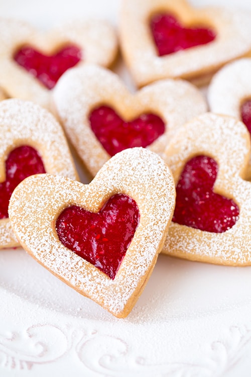 Red heart center linzer cookies