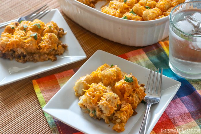 2 served plates of cheeseburger Tater Tot Casserole