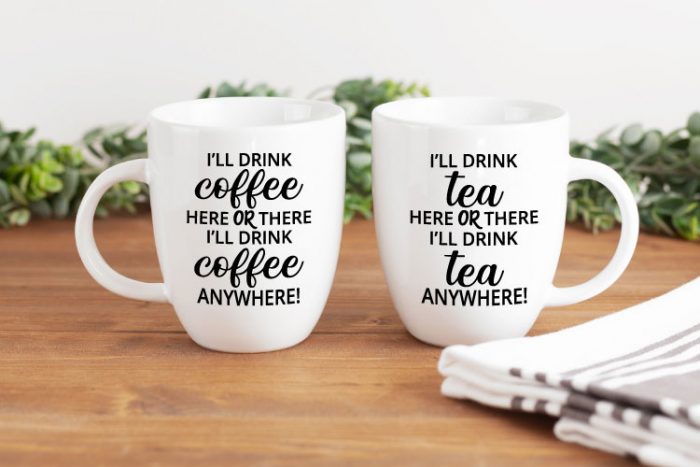 2 white mugs, one has coffee dr. seuss saying and the other has tea dr. seuss saying