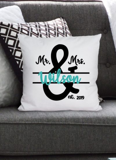 horizontal photo of two tone custom Mr & Mrs Pillow