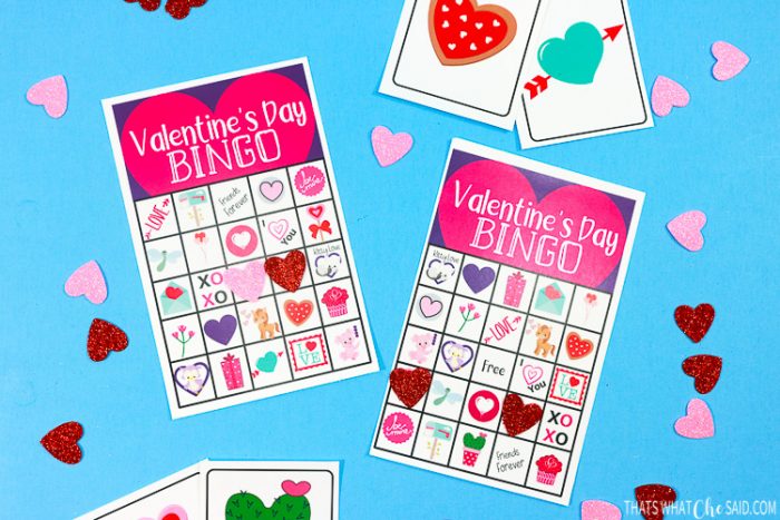 Printable Valentine's Day Bingo Cards with a few calling cards and foam heart card markers!