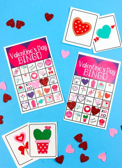 Printable Valentine Bingo Cards with a few calling cards and foam heart markers
