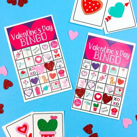 Printable Valentine Bingo Cards with a few calling cards and foam heart markers