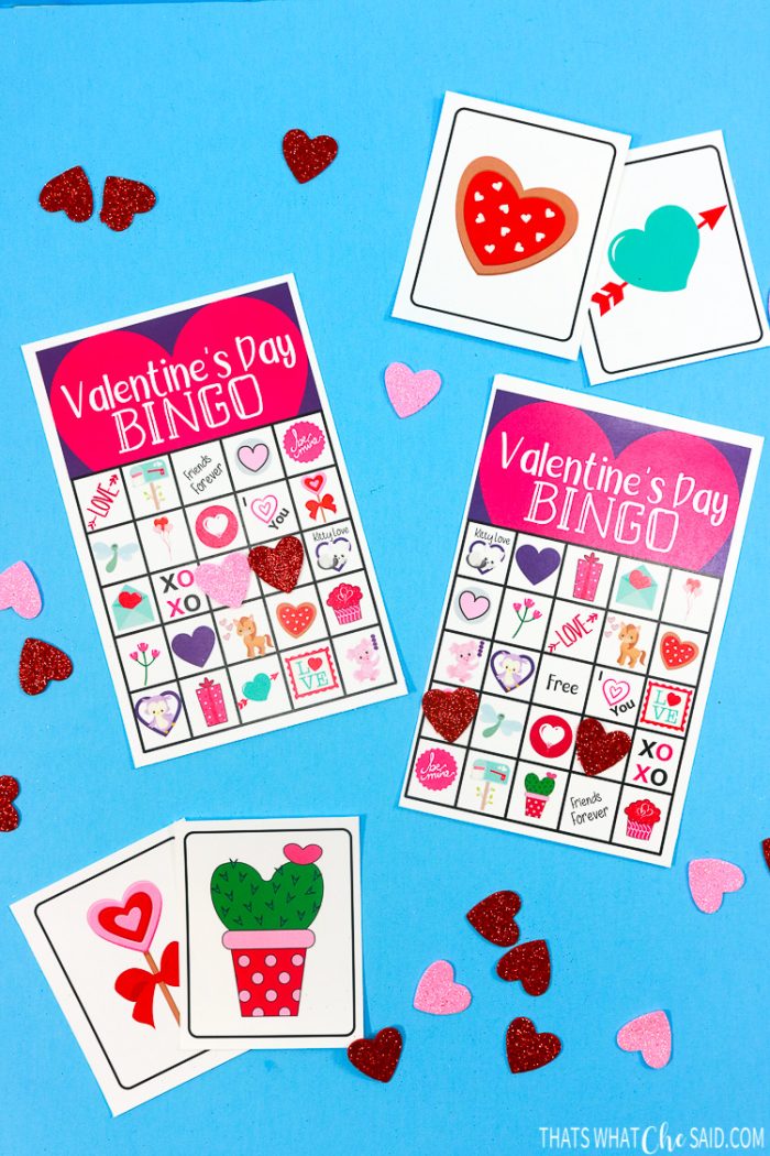 Printable Valentine Bingo Cards with a few calling cards and foam heart markers