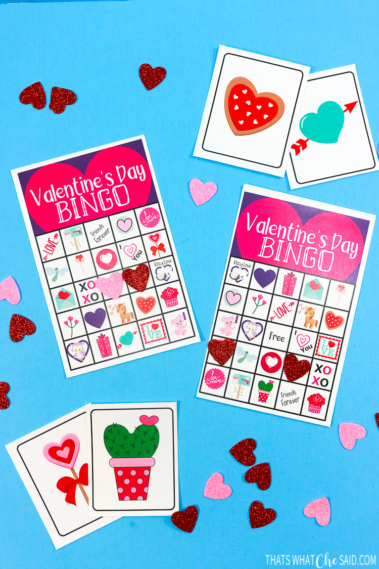 Printable Valentine Bingo Cards with a few calling cards and foam heart markers