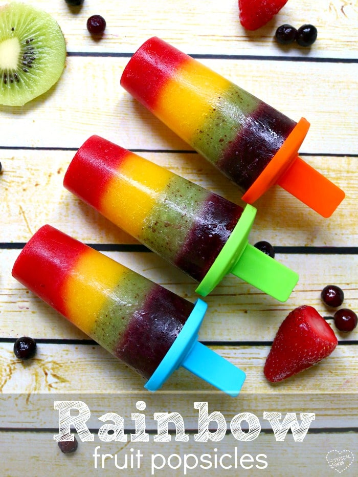 Popsicles made of fresh fruit, blended and frozen in rainbow colors