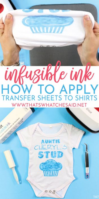 Pressing a baby bodysuit and the finished baby body suit in a pinnable image for Pinterest