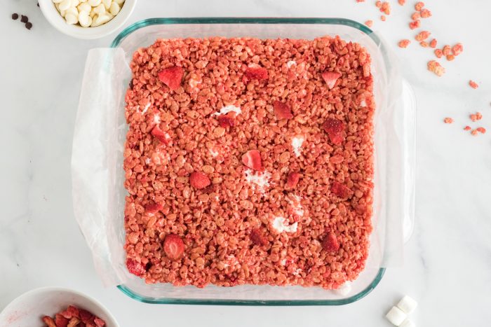 Treats in pan with freeze dried strawberries added to top