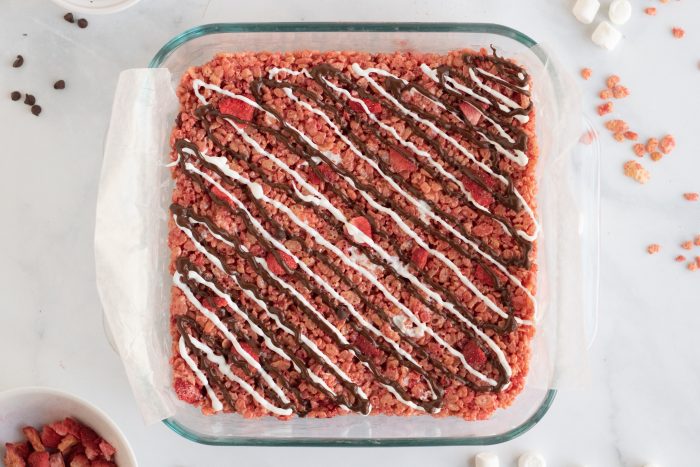 Chocolate Covered Strawberry Rice Krispie Treats in the 9x9 pan