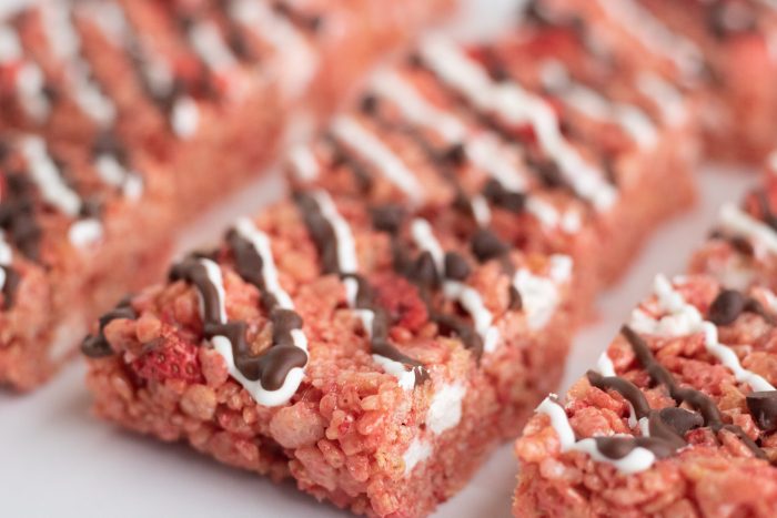 Horizontal close up of Chocolate Covered Strawberry Rice Krispie Treats