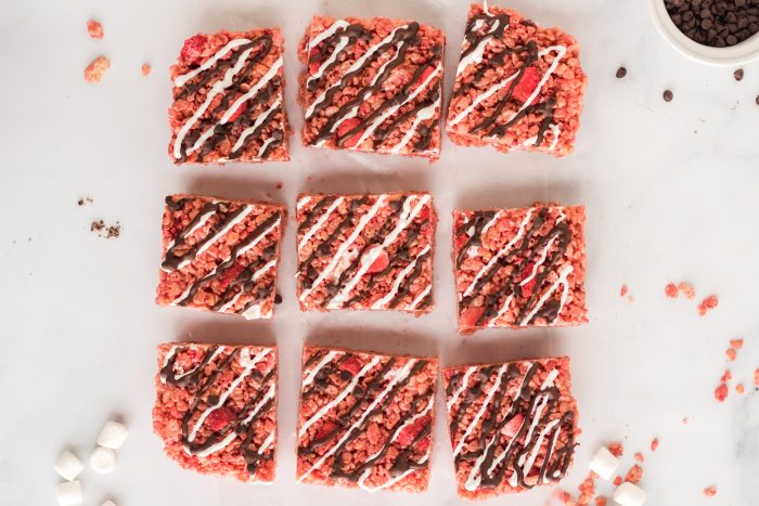 Chocolate Covered Strawberry Rice Krispie Treats cut into squares