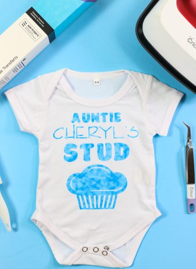 Cricut Infusible Ink baby bodysuit with a design from a transfer sheet - Aunties Stud Muffin