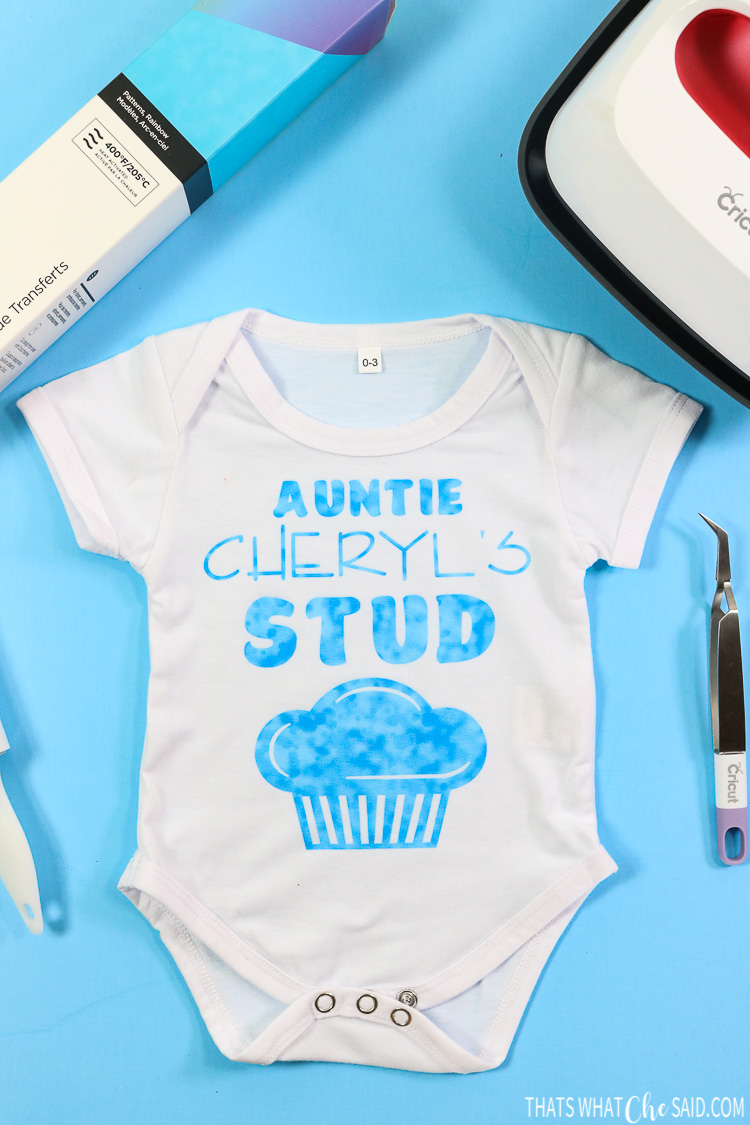 Cricut Infusible Ink baby bodysuit with a design from a transfer sheet - Aunties Stud Muffin