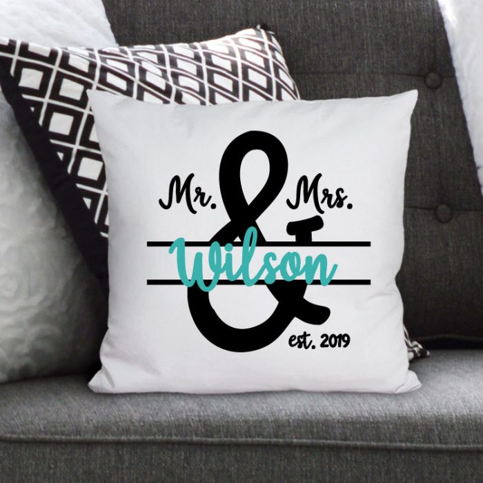 Couch with Personalized Throw Pillow using Mr & Mrs SVG