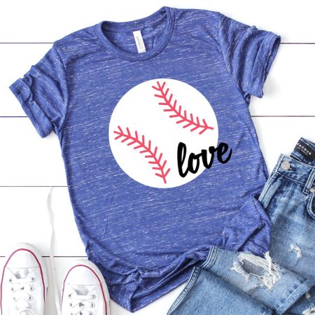 Blue Heather T-Shirt with Baseball design and the word love in iron on vinyl staged with white converse and ripped jeans in Square format