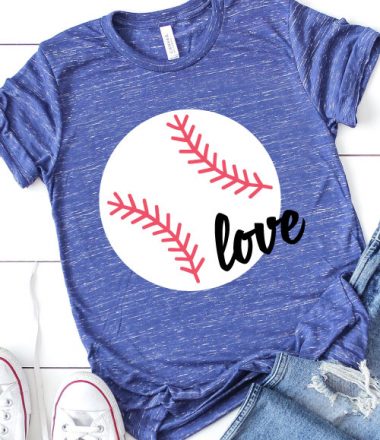 Blue Heather T-Shirt with Baseball design and the word love in iron on vinyl staged with white converse and ripped jeans in Vertical format