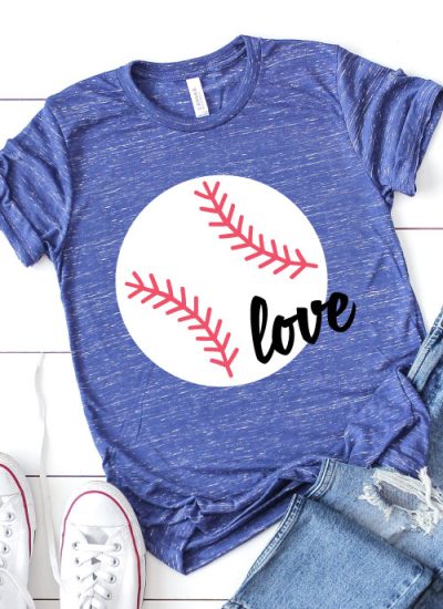 Blue Heather T-Shirt with Baseball design and the word love in iron on vinyl staged with white converse and ripped jeans in Vertical format