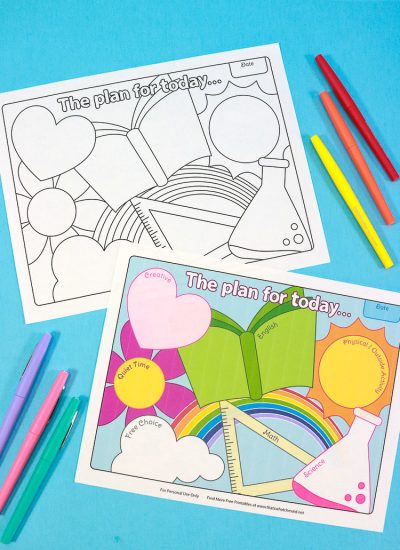 Black & White Homeschool Printable and Colored Options printed and laying next to colored pens