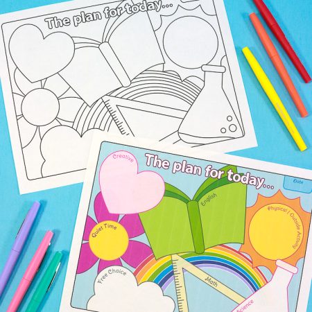 Black & White Homeschool Printable and Colored Options printed and laying next to colored pens
