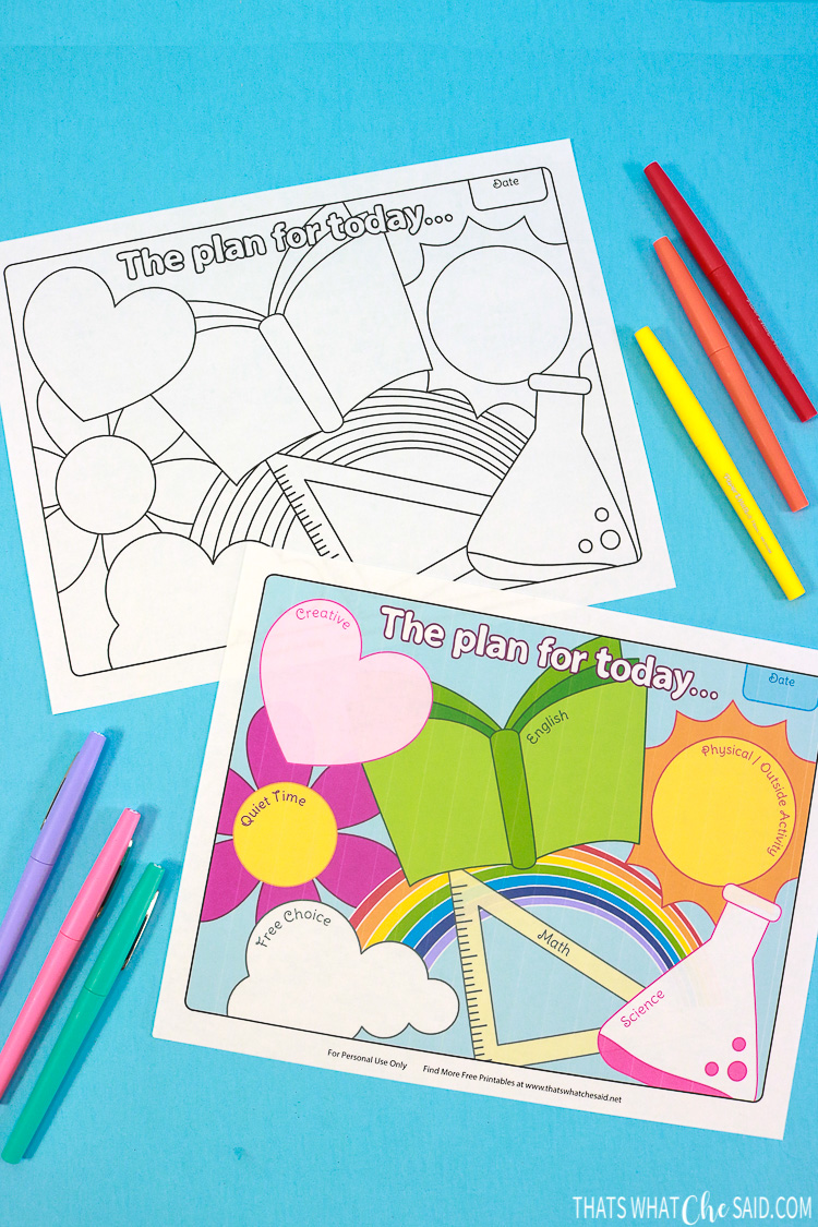 Black & White Homeschool Printable and Colored Options printed and laying next to colored pens