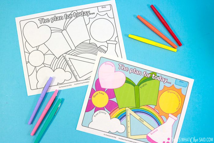 Black & White Homeschool Printable and Colored Options printed and laying next to colored pens - Horizontal