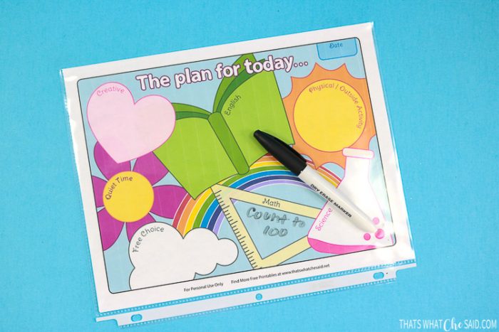 Homeschool sheet in plastic binder sleeve with dry erase marker to make printable reusable