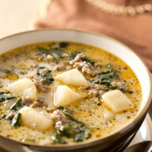 Zuppa Toscana soup, close up shot with spoon