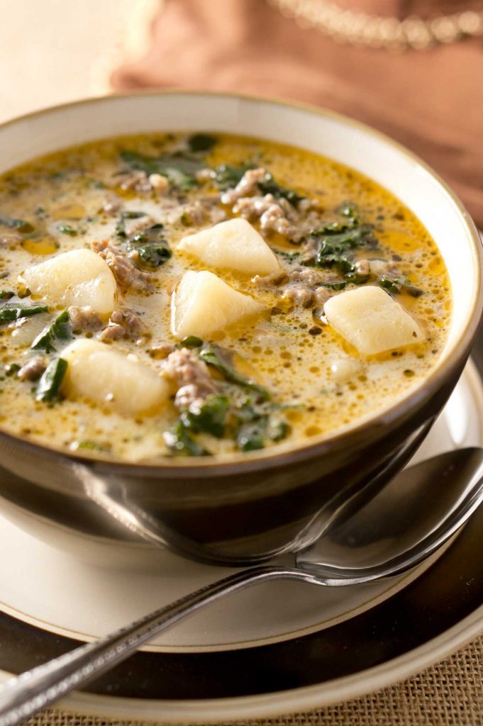 Zuppa Toscana soup, close up shot with spoon