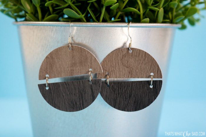 Close up of Faux leather wood grain split circle earrings