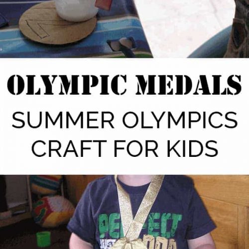 Olympic medals made from cardboard and gold paint with ribbons.