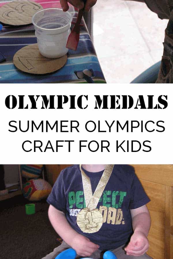 Olympic medals made from cardboard and gold paint with ribbons.