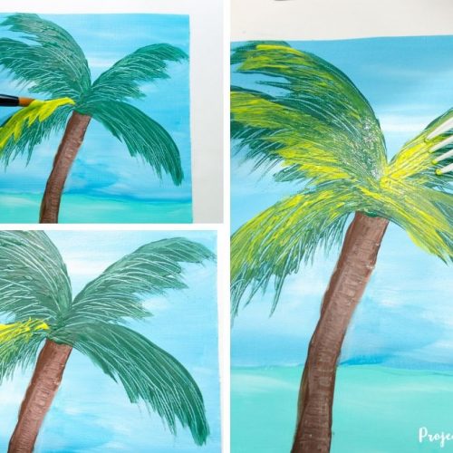 Palm tree on beach scene canvas painted using a fork for texture.
