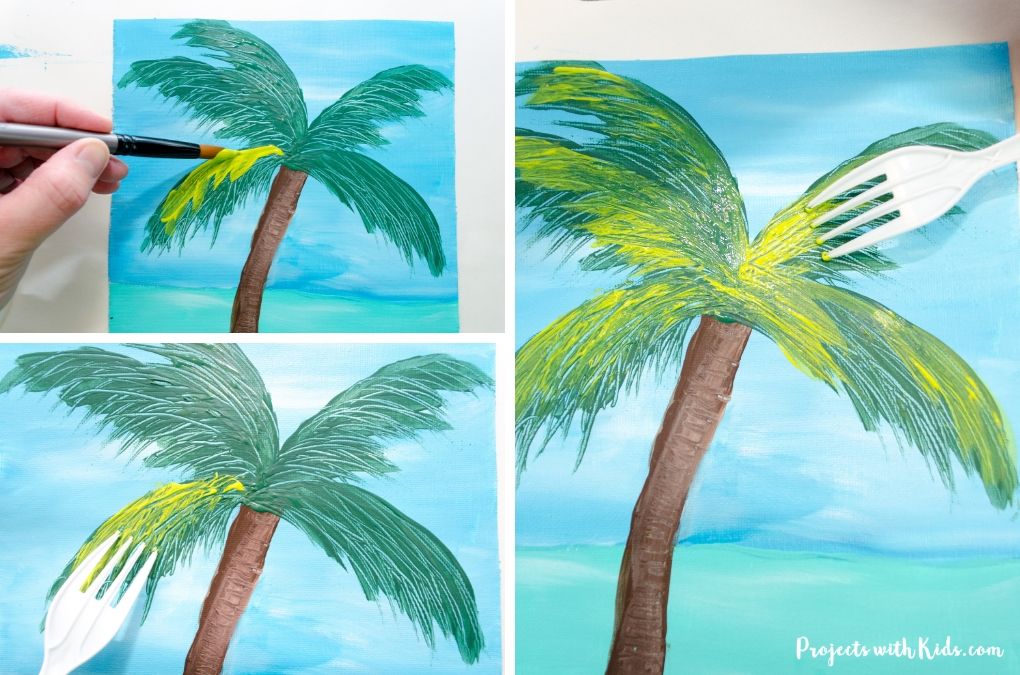 Palm tree on beach scene canvas painted using a fork for texture.