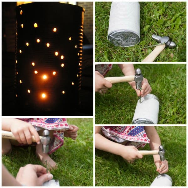 Making a lantern out of a tin can using a hammer and nails for the holes.