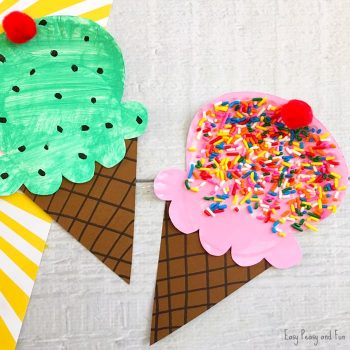 Ice cream craft made from painted paper plates and decorated with sprinkles.