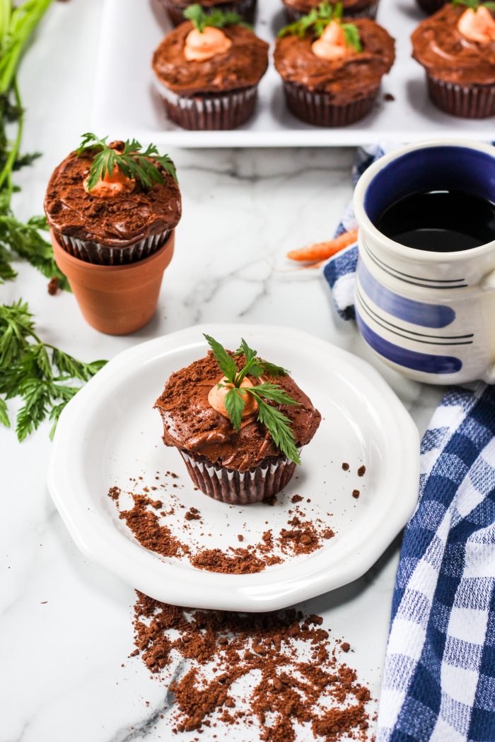 Carrot Patch Easter Cupcakes o na white plate
