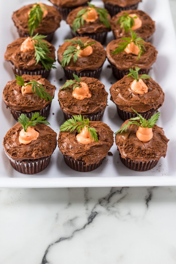Carrot Patch Cupcakes on a white platter