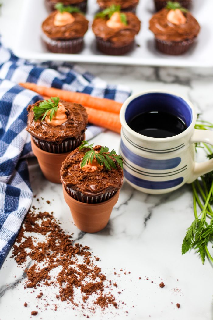 Carrot Patch Easter Cupcakes in small terracota pots for display