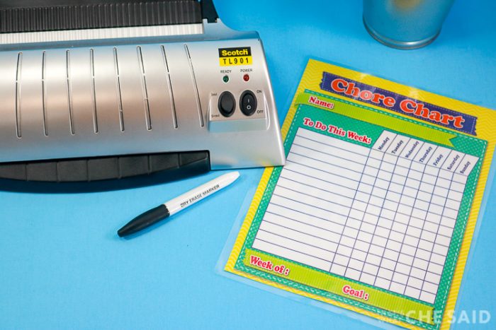 Laminated chore chart, dry erase marker and laminator