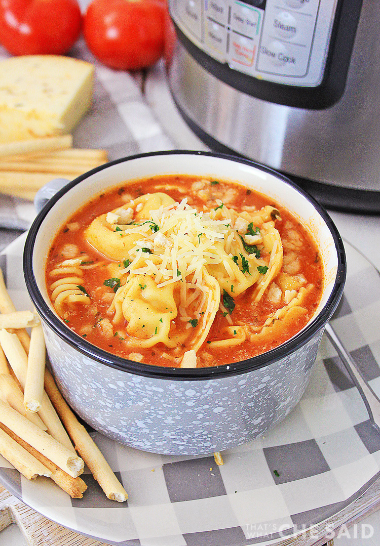 Chicken Parm Soup in front of the Instant pot and a few ingredients