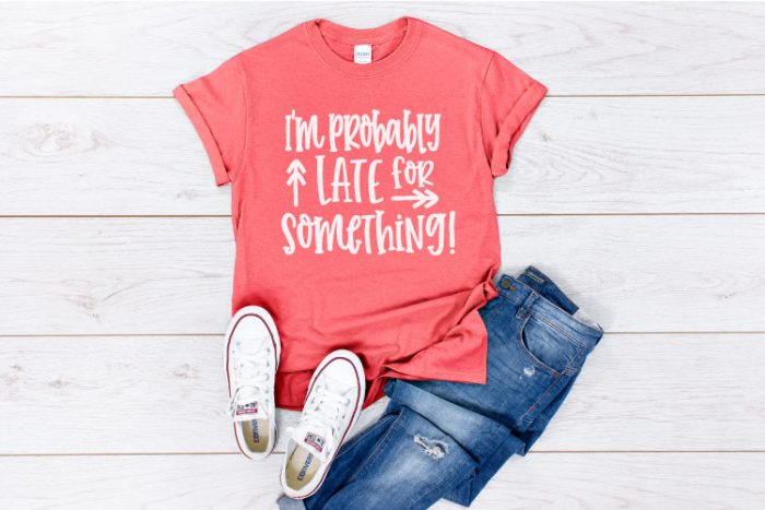 Coral Shirt with Jeans and white converse with "I'm Probably Late for Something" in iron on