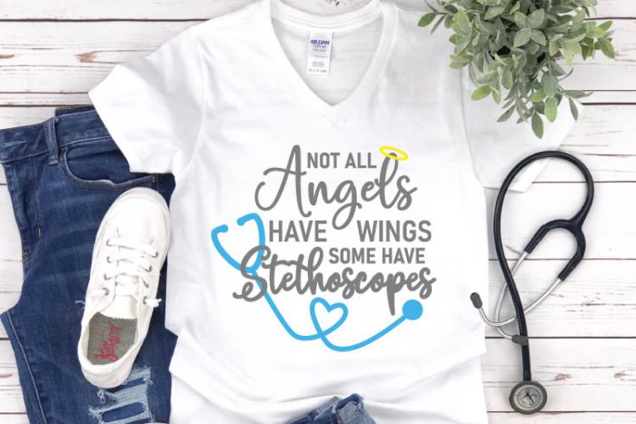 White shirt with jeans and tennis shoes and a stethoscope. Shirt reads"Not all Angels Have wings, some have stethoscopes"