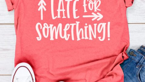 Coral Shirt with Jeans and white converse with "I'm Probably Late for Something" in iron on - vertical
