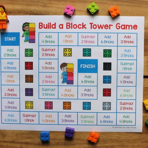 Printable lego block tower game sheet with legos and dice.