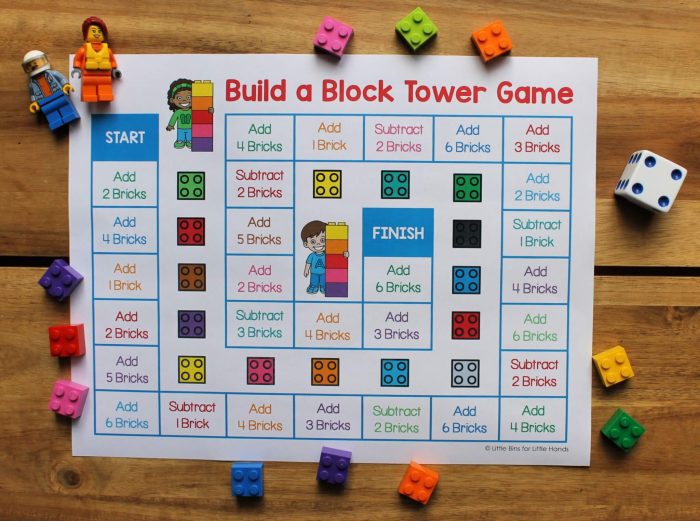 Printable lego block tower game sheet with legos and dice.