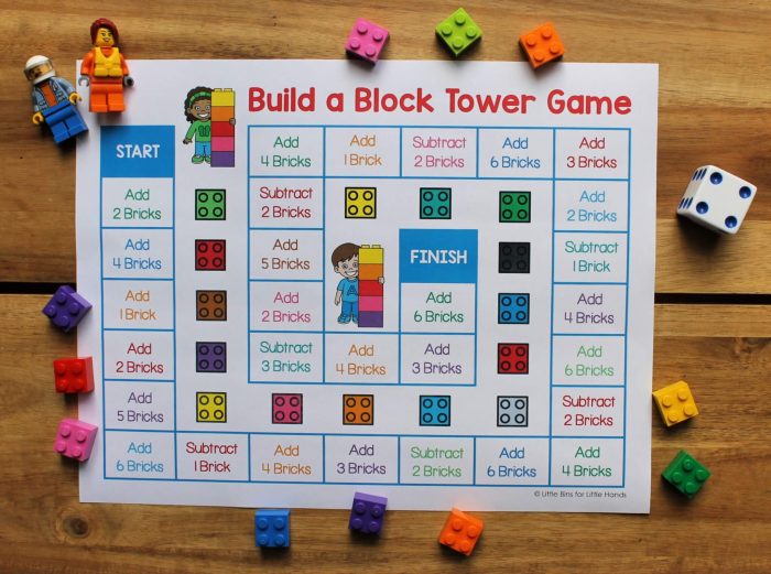 Printable lego block tower game sheet with legos and dice.