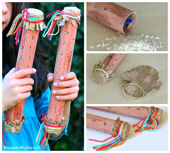 Rain sticks made from paper towel tubes and rice.