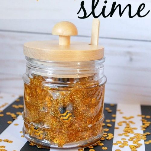 Gold glittery slime with gold sequins and honeybee charms.