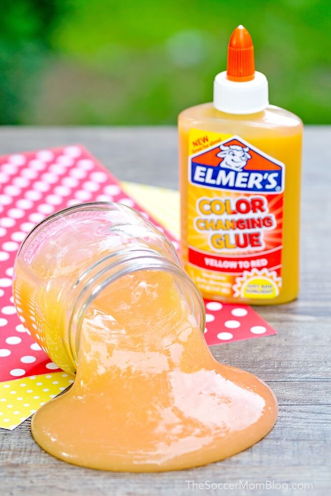 Orange color changing slime in a jar.