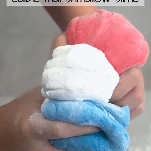 Red, white and Blue edible marshmallow slime held by a child.